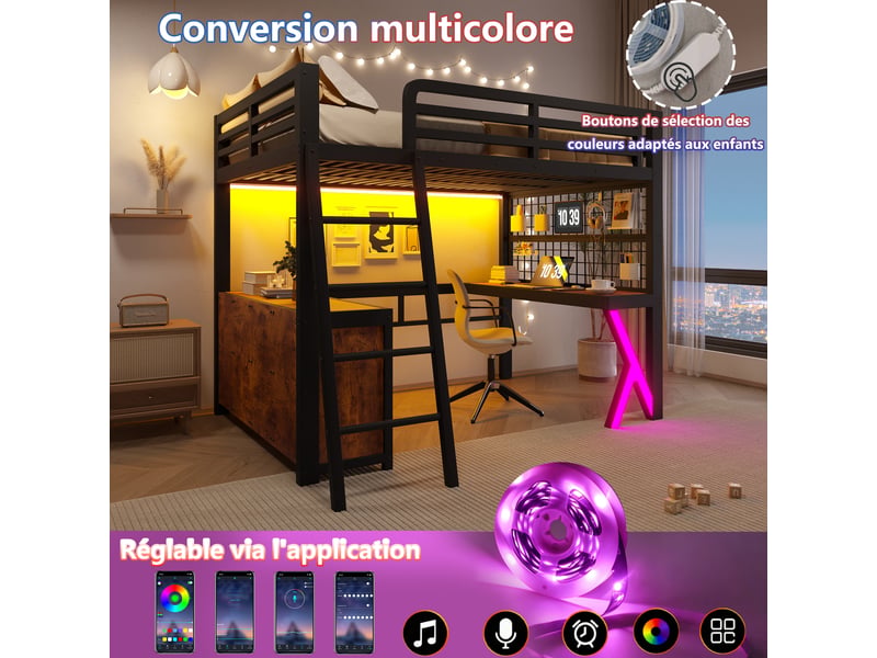  Lit mezzanine 140x200 cm, bureau, bandeau led, armoire de rangement, sans matelas, noir  - Conforama D