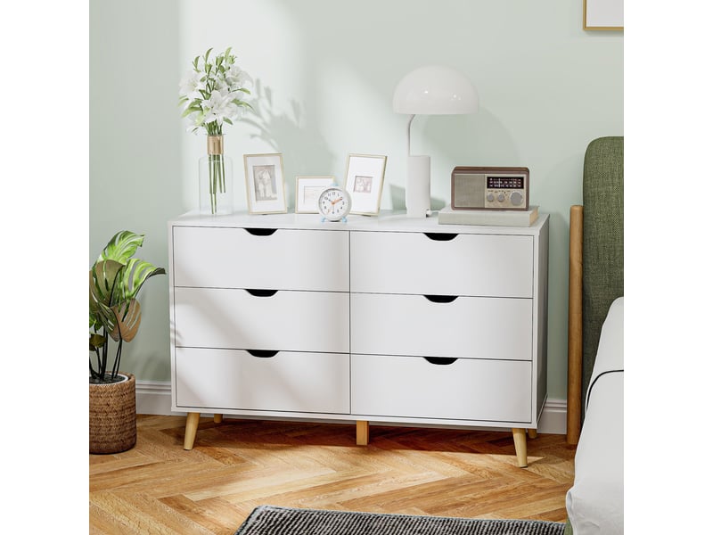  Commode à 6 tiroirs avec poignées stratifiées, en pin, 120 x 40 x 76 cm, coloris blanc et bois.  - Conforama D