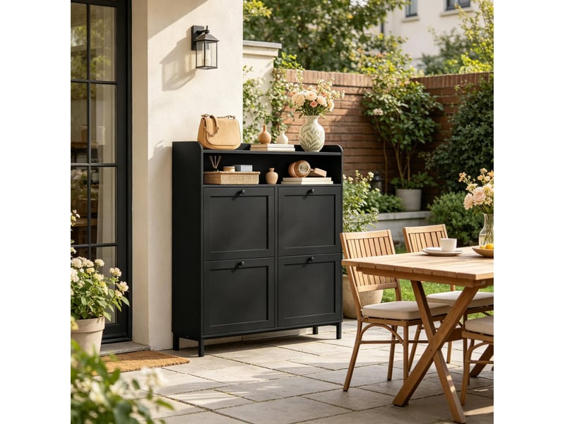  Meuble à chaussures étroit noir 100 x 19,5 x 107 cm avec 4 portes abattantes  - Conforama E