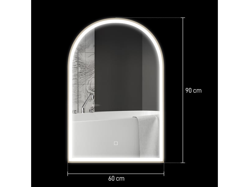 Miroir de salle de bain led 90 x 60cm, mural, 3 couleurs, arqué cadre en aluminium, désembuage et interrupteur tactile  - Conforama E