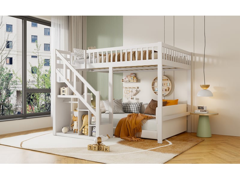 Grand lit mezzanine multifonction pour enfants - 140x200 cm - blanc - avec escalier de rangement, hauts rebords et niches - Conforama D