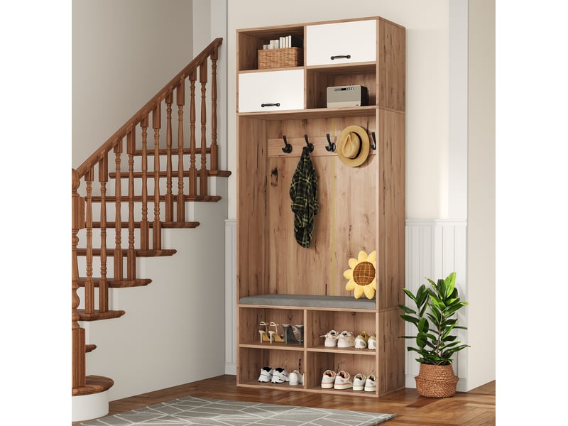 Meuble d'entrée avec 5 crochets, banc rembourré et éclairage led réglable pour hall d'entrée, 80 × 35 × 185 cm  - Conforama C
