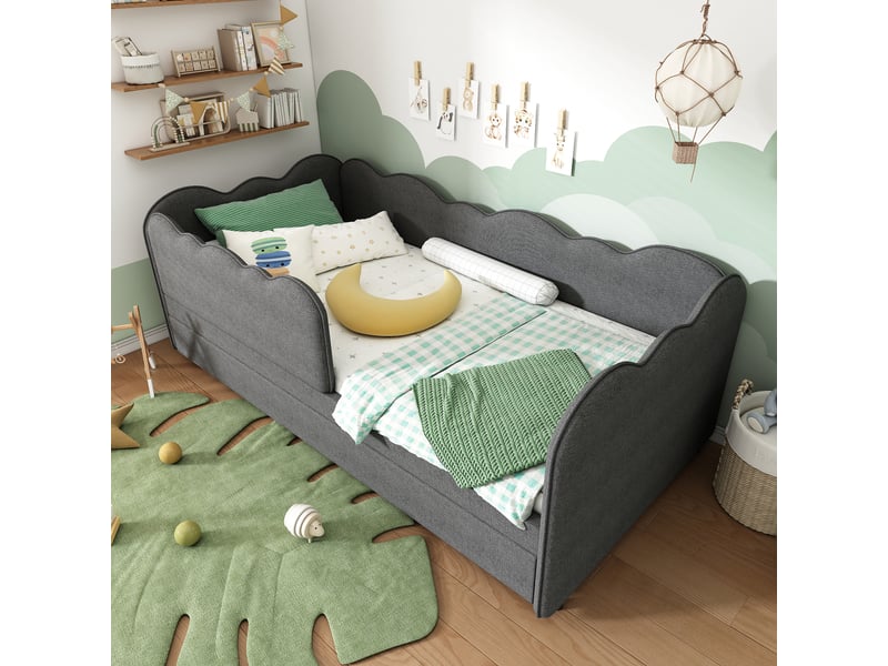  Lit gigogne enfant 90x190 cm avec canapé-lit 2-en-1, dossier et sommiers, lin, gris, sans matelas  - Conforama W