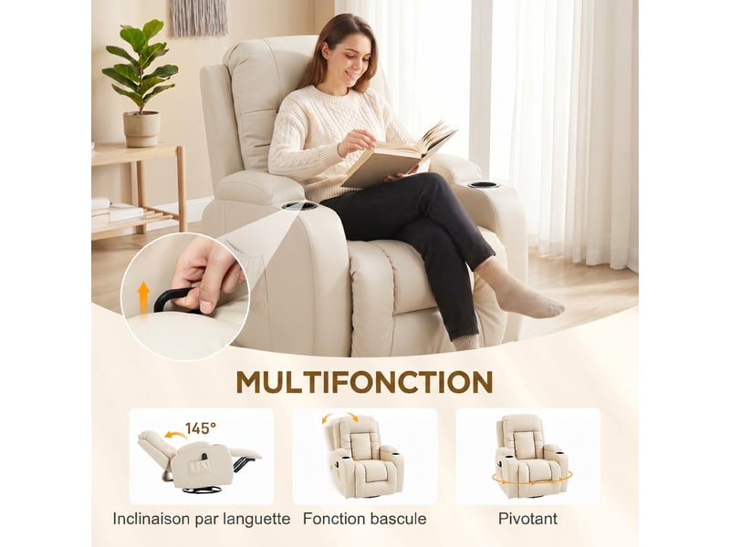  Fauteuil de relaxation massant et chauffant pivotant crème 82x99x103 cm  - Conforama E