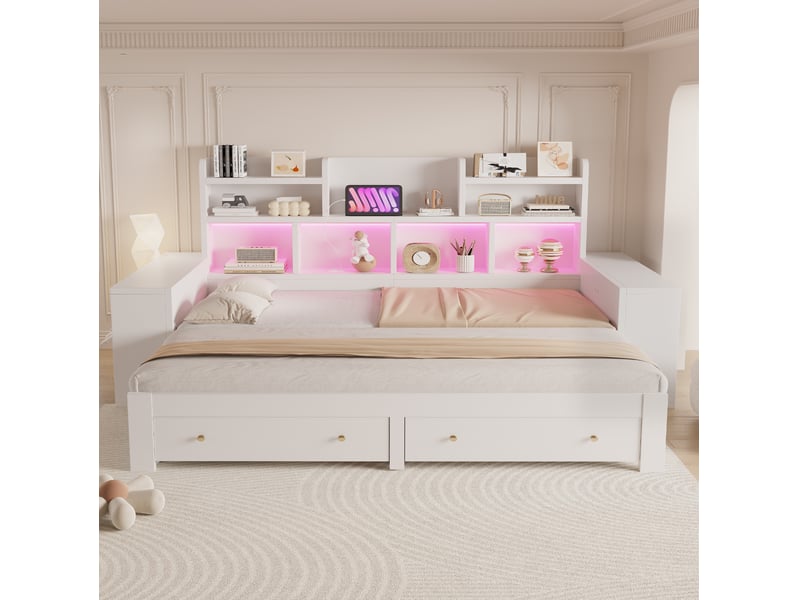  Canapé-lit extensible fermé 90x200 cm, ouvert 180x200 cm, rangements led prise mdf blanc sans matelas  - Conforama B
