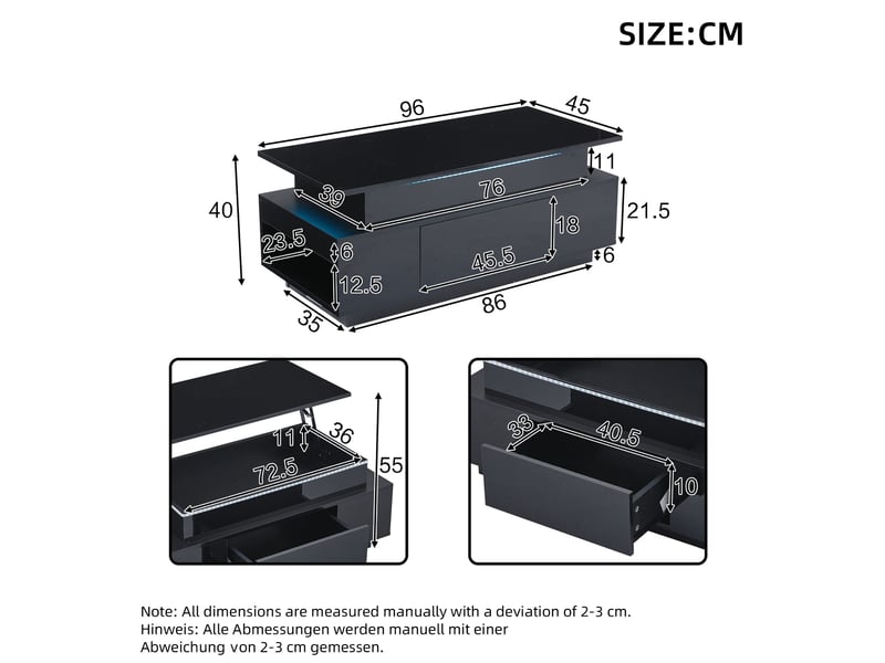  Table basse relevable avec 1 tiroir, niches ouvertes, led et grand rangement pour salon, 96 × 45 × 40 cm  - Conforama D