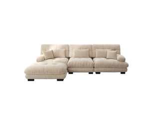 Canapé d'angle 5 places en chenille marron clair, structure modulable en l avec ottomans mobiles assortis