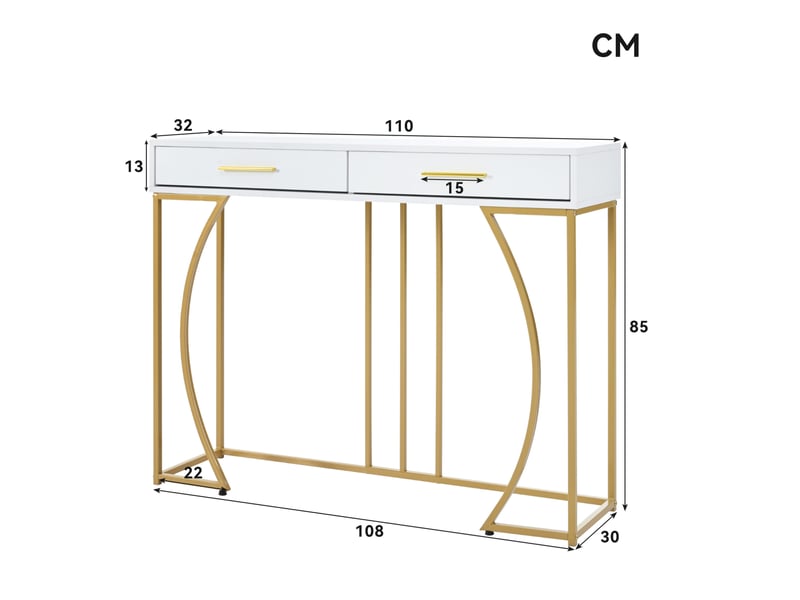  Console à 2 tiroirs, 110 x 32 x 85 cm, mdf + métal, blanc et doré  - Conforama C