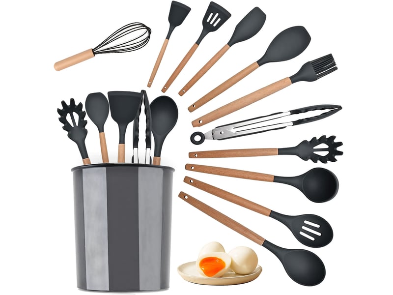  Set de 12 ustensiles de cuisine en silicone et bois avec support chicfurn  - Conforama A