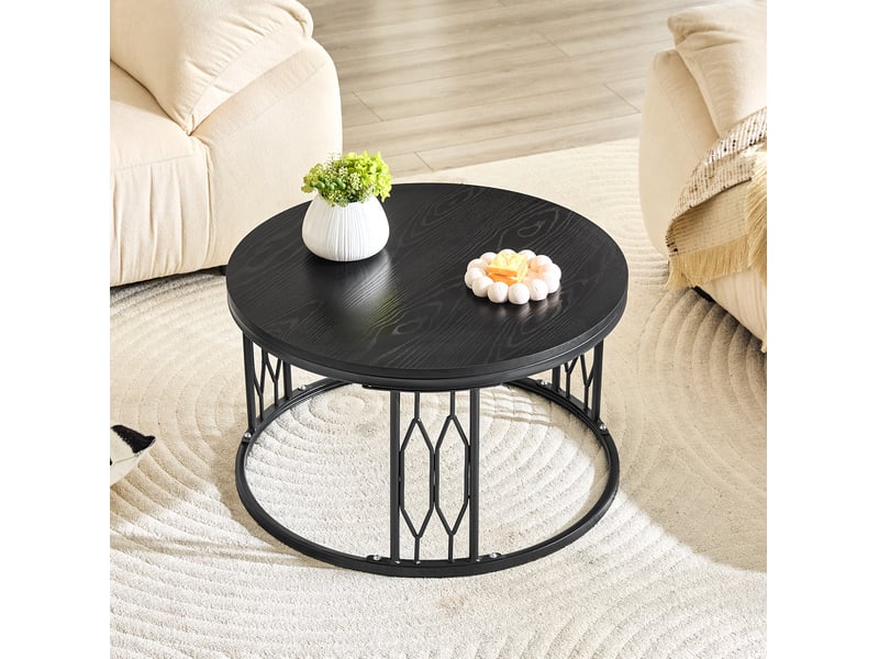  Table basse ronde 70x70x40,5 cm plateau aspect bois mdf et métal noire  - Conforama B