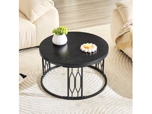 Table basse ronde 70x70x40,5 cm plateau aspect bois mdf et métal noire