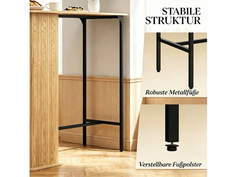  Table de bar avec prises intégrées, 3 niches et pieds métalliques réglables, bois naturel noir 112 × 50 × 106 cm  - Conforama E