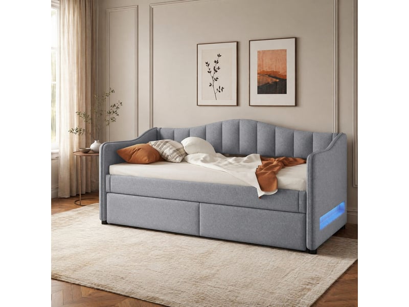  Canapé lit 90x200cm, sommiers, accoudoirs, lit gigogne avec éclairage avec éclairage led, design simple, lin gris, sans matelas  - Conforama B
