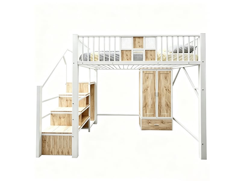  Lit mezzanine 140x200 cm, lit enfant armoire, escalier, tiroir, penderie, structure métal bois, blanc, sans matelas  - Conforama A