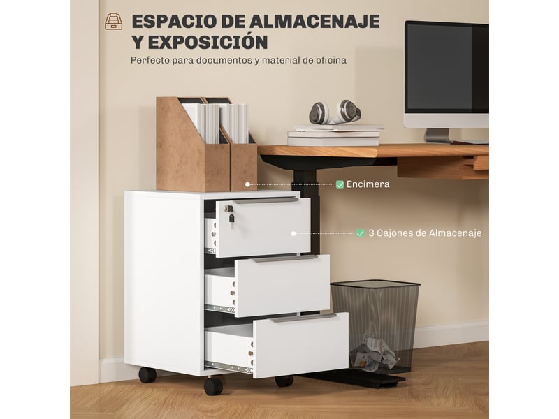  Commode à 3 tiroirs, roulettes, serrure et 2 clés, idéale pour un bureau ou un salon, 40 x 40 x 63,5 cm, blanche.  - Conforama E