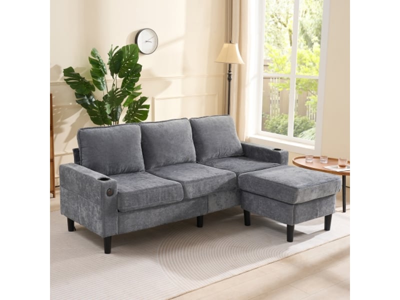 Canapé d’angle l 3 places avec porte-gobelets, usb type-c et poches latérales, 202 x 137 x 80 cm, tissu lin, gris - Conforama E