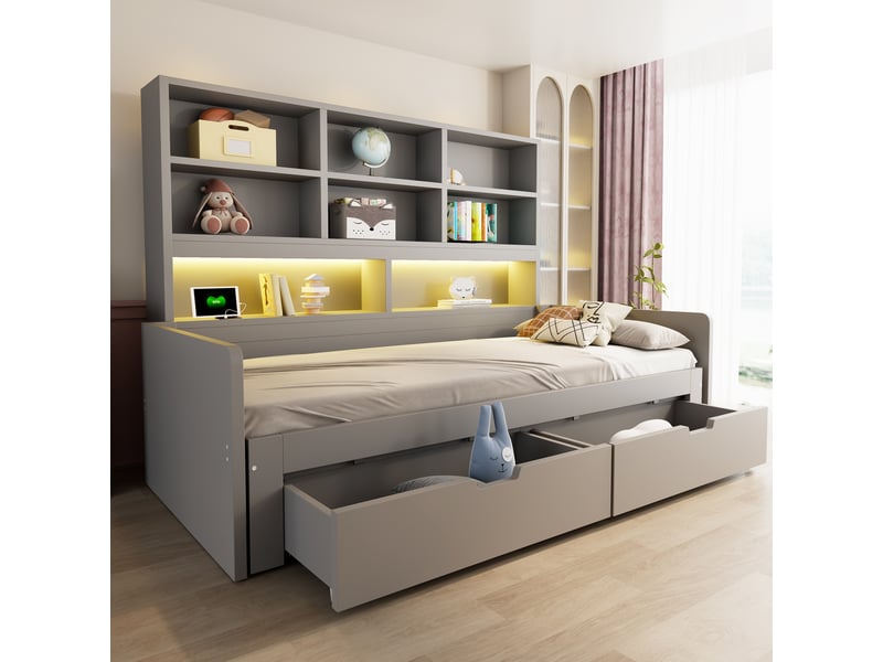  Canapé-lit en bois 180 x 200 cm - avec lit gigogne - avec lumière led - avec prise électrique - avec 2 tiroirs - gris (matelas non inclus)  - Conforama R