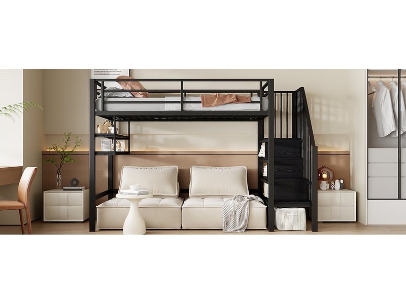  Lit superposé 90x200 cm noir métal et mdf avec étagères échelle de rangement espace de jeu sous le lit garde-corps sans matelas Sol Morn - Conforama E