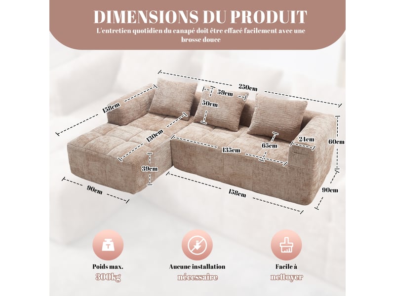  Canapé d'angle 3 places fixe en chenille kaki 250 x 158 x 60 cm, chaise longue réversible, 3 coussins, poches latérales W2845S00081 - Conforama C