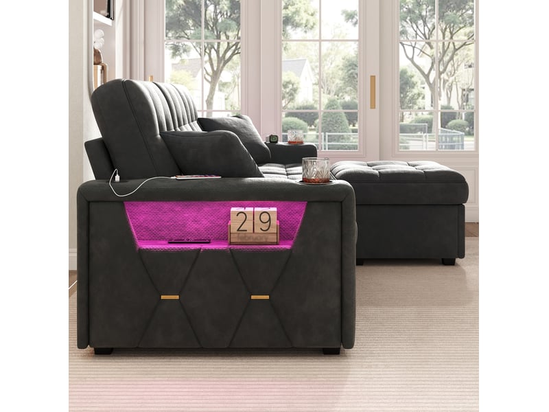  Canapé droit 3 places 194,5x133x83 cm avec 2 tiroirs, pouf de rangement, led, charge rapide, tissu chenille noir  - Conforama R