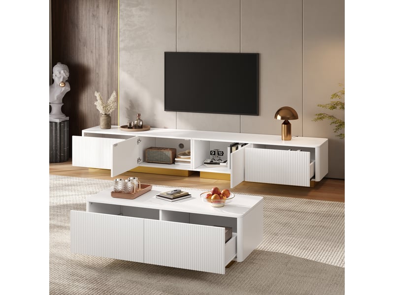  Ensemble meuble tv et table basse 2 pièces, façades rainurées, rangements, mobilier de salon moderne ABC - Conforama E