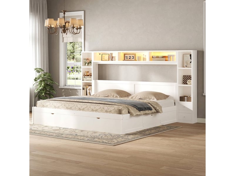  Lit plateforme 180x200 blanc avec rangement et 7 tiroirs, tête de lit avec étagères et led sans matelas  - Conforama D
