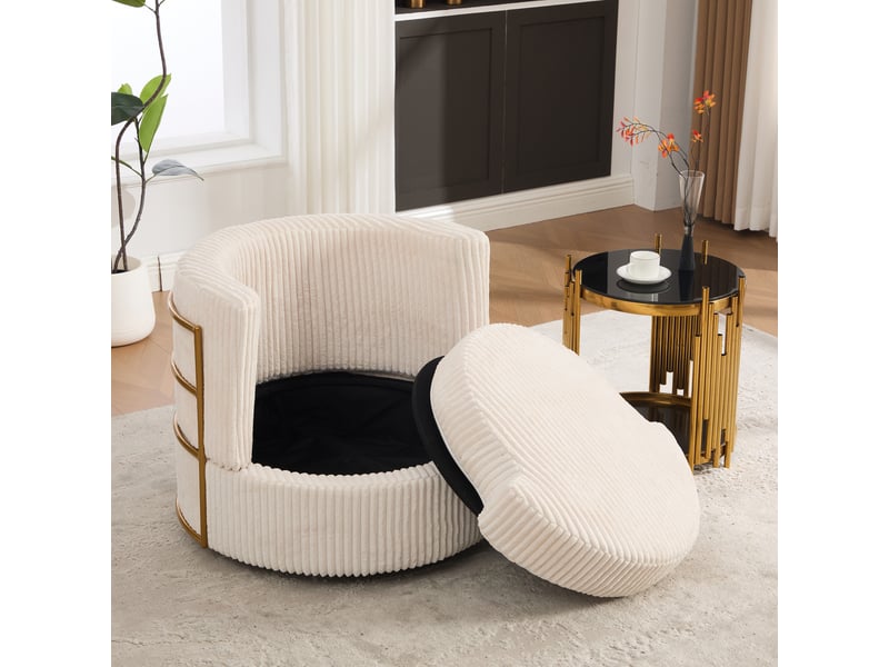  Fauteuil pivotant 76x79x78 cm avec rangement, revêtement en velours côtelé, coloris beige  - Conforama D