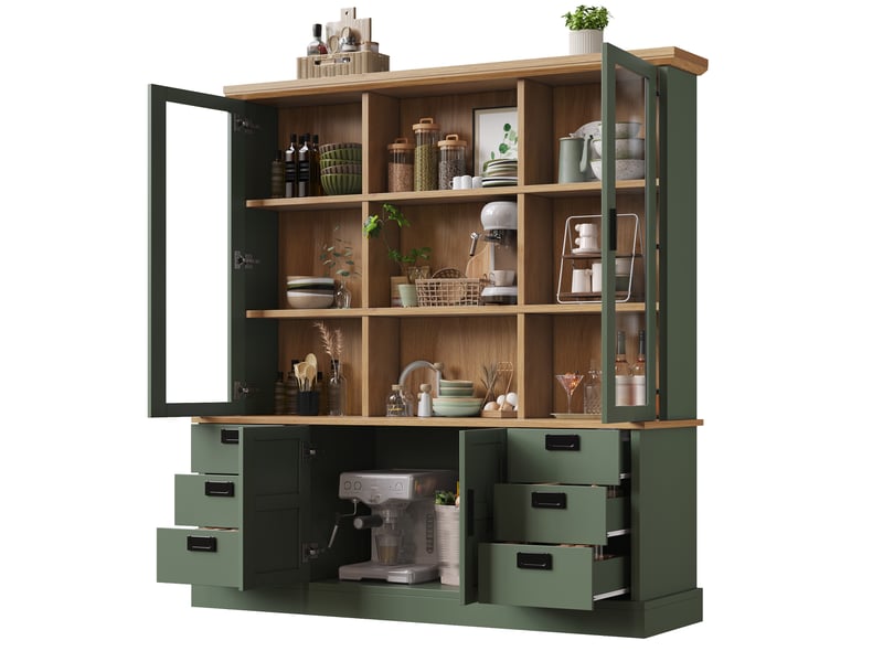  Buffet haut de 140x40x185 cm, vaisselier avec 6 tiroirs, portes doubles, étagères réglables et anti-basculement, vert foncé ABC - Conforama A