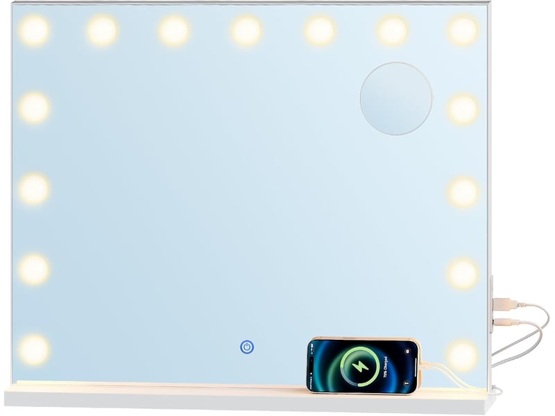  Miroir coiffeuse led, 15 ampoules led réglables,rectangulaire,58x48 cm, avec loupe grossissant 5x amovible, port usb type-c  - Conforama A