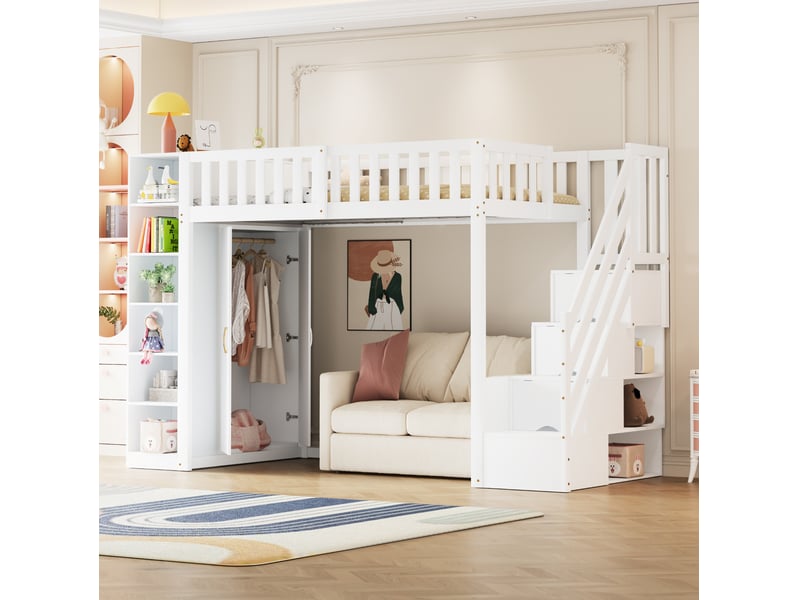  Modenvie lit mezzanine 90x200 cm - avec armoire, etageres et escalier de rangement - pour chambre d'enfant - blanc  - Conforama D