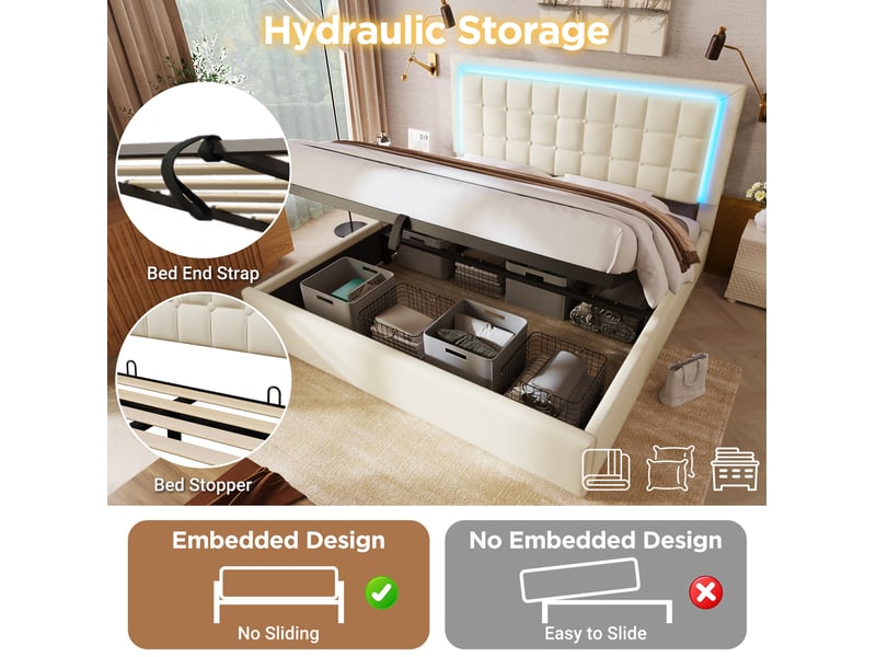  Lit coffre adulte 160x200 cm – blanc – rangement hydraulique, led multicolore et matelas inclus  - Conforama E