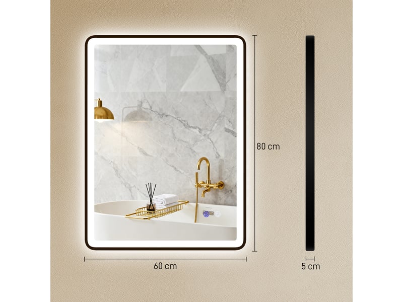  Miroir de salle de bain led antibuée avec cadre en métal noir 80x5x60 cm  - Conforama C