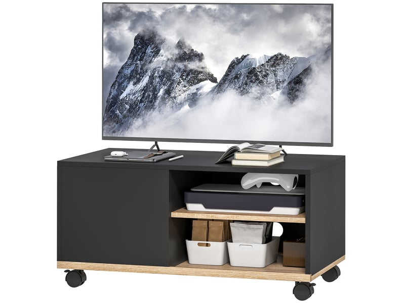  Meuble tv à roulettes avec porte et étagère réglable noir et coloris chêne  - Conforama B