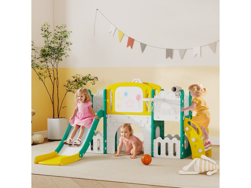  Toboggan pour enfant 7 en 1 avec panier de basket, télescope, rangement, tunnel, escalade, tableau de dessin, jaune  - Conforama B