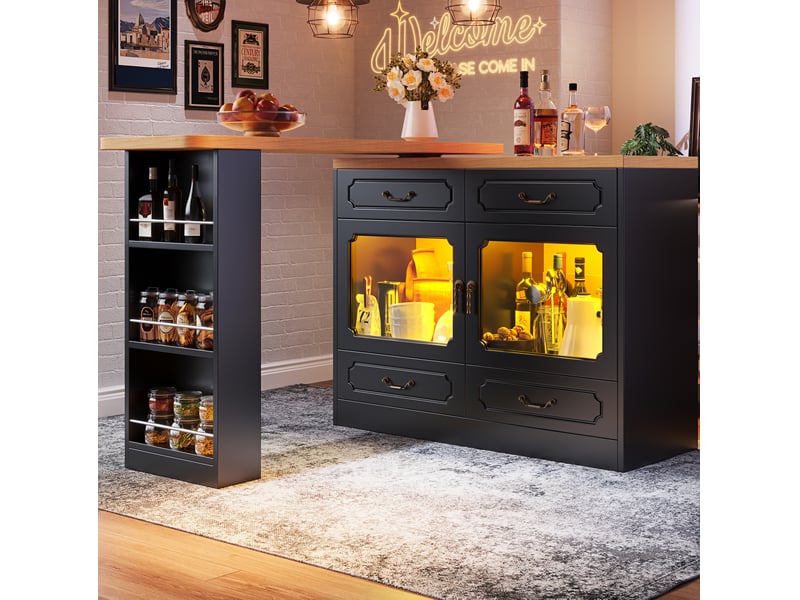  Bar extensible 135x203 cm avec rangement, led, rotation 360°, mdf, noir  - Conforama C