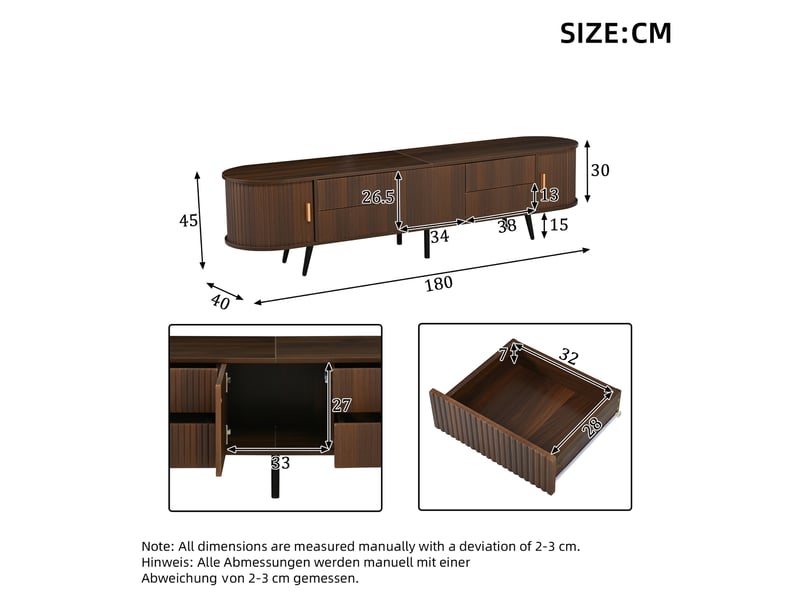  Meuble tv 180 cm avec rangement, 4 tiroirs et porte roulante, design effet noyer foncé avec rayures verticales, pour tv jusqu'à 80 pouces  - Conforama C