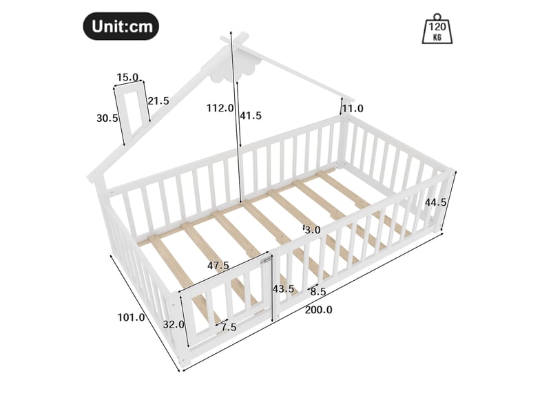  Lit enfant maison 90x190 cm barrière 32 cm avec serrure sécurité rêve design bois pin + mdf blanc sans matelas  - Conforama C