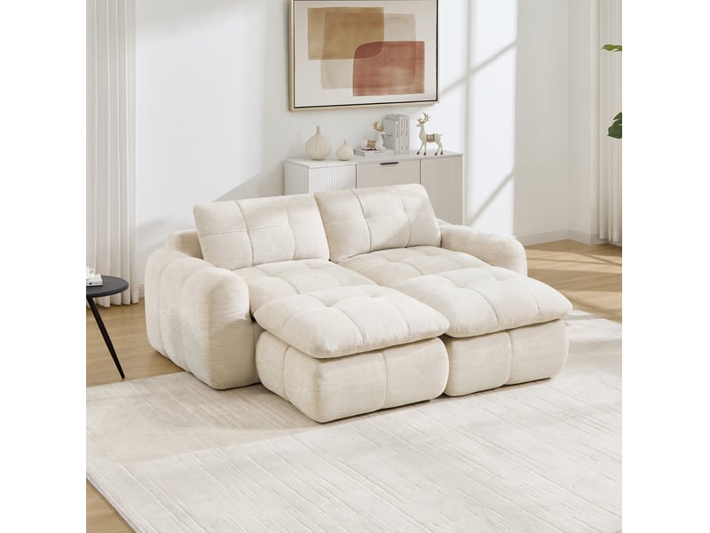 Canapé modulaire 2 places sans cadre avec 2 ottomanes, assise profonde et modules combinables en chenille beige - Conforama D