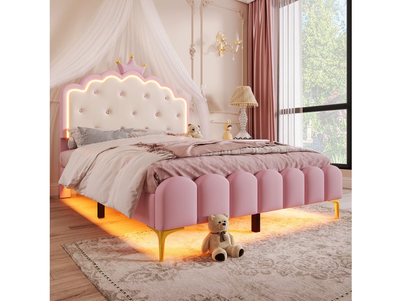  Lit rembourré tcqpz 140 x 200 cm avec cadre à lattes éclairage led d’ambiance tête de lit couronne rose polyuréthane  - Conforama E