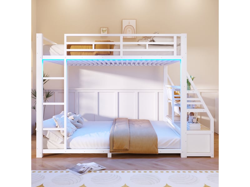  Lit superposé en métal 140x200 cm, éclairage led, 2 tiroirs en tissu, escalier, garde-corps, rangement ouvert, blanc BrimViber - Conforama D