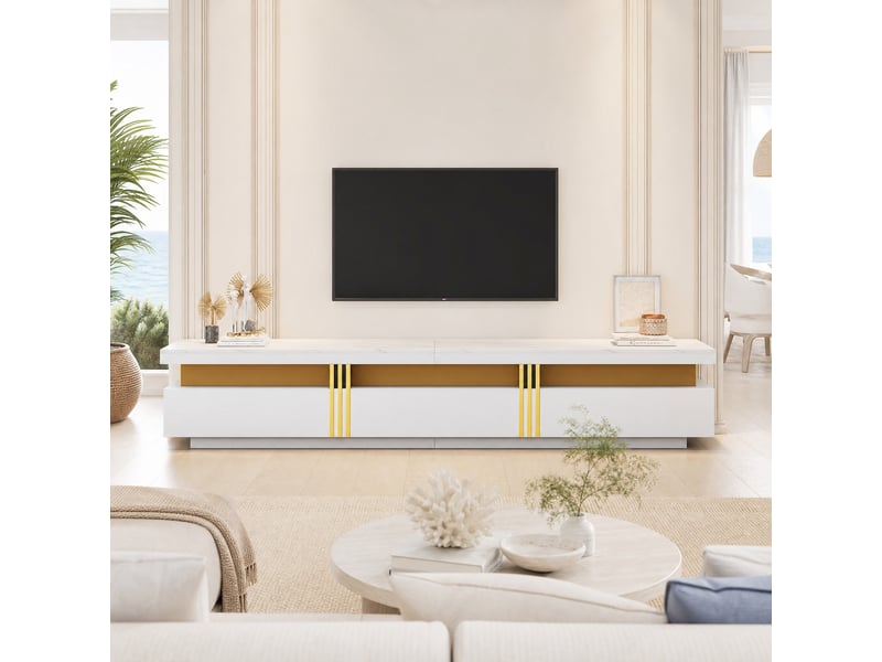  Ensemble meuble tv 3 tiroirs et table basse 2 tiroirs, blanc, effet marbre  - Conforama C