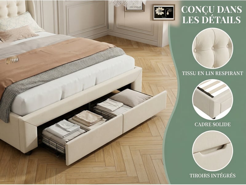  Lit coffre 180x200 cm avec tête de lit éclairée - leds rgb - velours beige - sommier à lattes - rangement hydraulique et tiroirs  - Conforama D