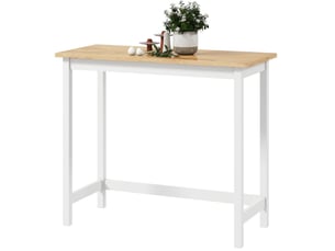 Table de bar pour 2 personnes avec plateau rectangulaire en bois d'hévéa, chêne naturel et blanc, 108 × 48 × 91 cm