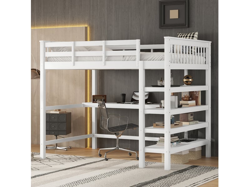  Lit mezzanine enfant 140x200 cm avec bureau et étagères coloris blanc  - Conforama B