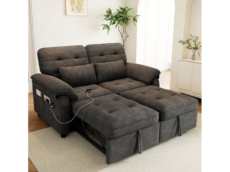  Canapé-lit tcqpz 3-en-1 2 places 142 x 90 x 86,5 cm convertible avec dossier réglable et port usb gris en chenille  - Conforama B