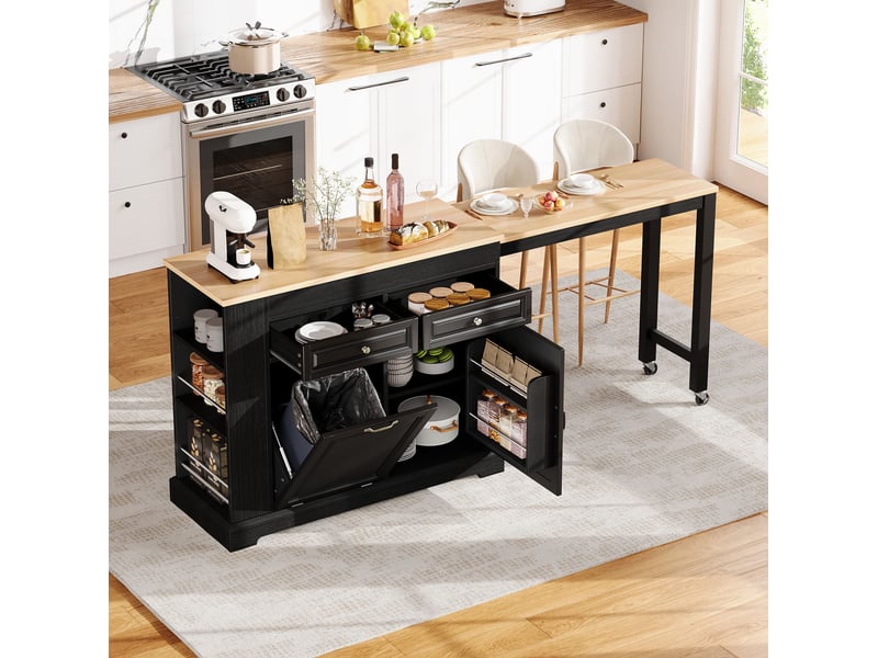 Desserte de cuisine extensible mobile avec 2 tiroirs, compartiment poubelle et étagères, 112 × 45 × 92 cm - Conforama C