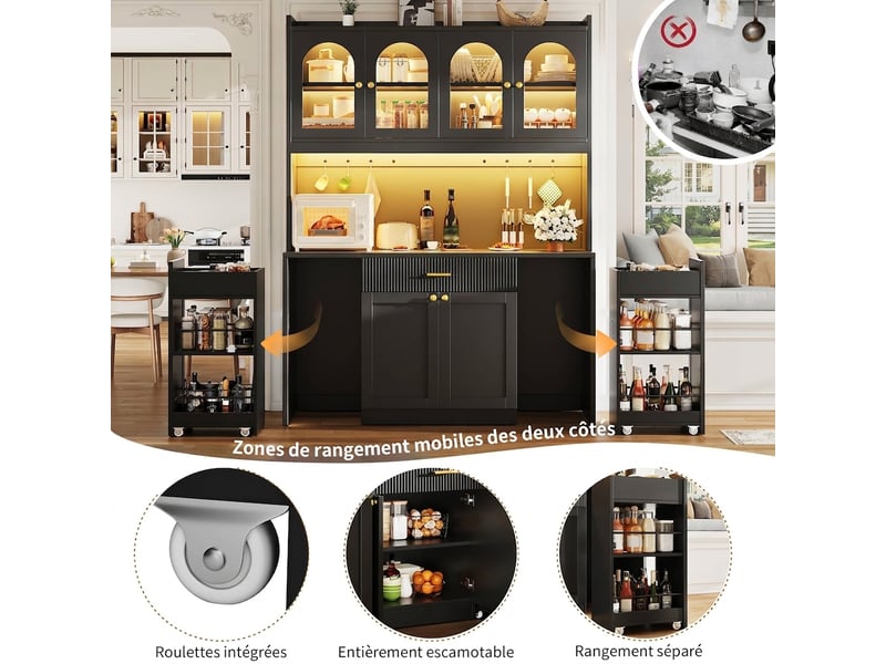  Buffet de cuisine haut noir 120 cm avec led rgb et 3 vitrines en verre  - Conforama D