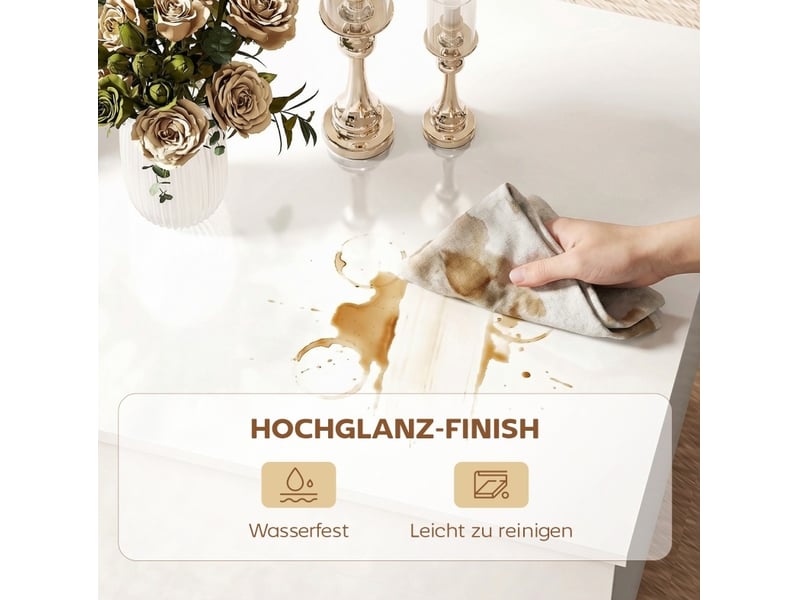  Table basse ulevr relevable avec rangement caché et 2 tiroirs, 102 x 48 cm, blanc brillant, panneaux de particules et métal  - Conforama E