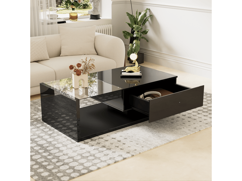  Table basse rectangulaire avec niche de rangement, plateau en verre et led, laqué brillant, noir, 105×55×32.5 cm  - Conforama B