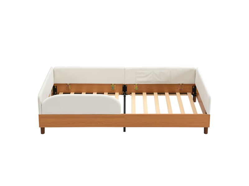  Lit capitonné une place, design velours et bois, avec 2 poches de rangement, lit capitonné moderne pour chambre d'enfant, bordure en mousse douce anti-choc, cadre de lit robuste, blanc, 90 x 200 cm  - Conforama D